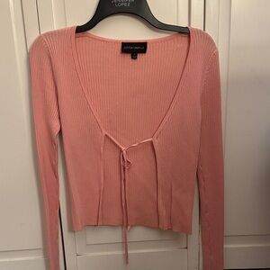 Cotton Candy Pink Ribbed Long Sleeve Tie-Front Top